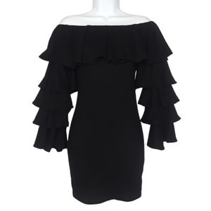 NUDE Black Ruffle Frill Tiered Off Shoulder Dress Small